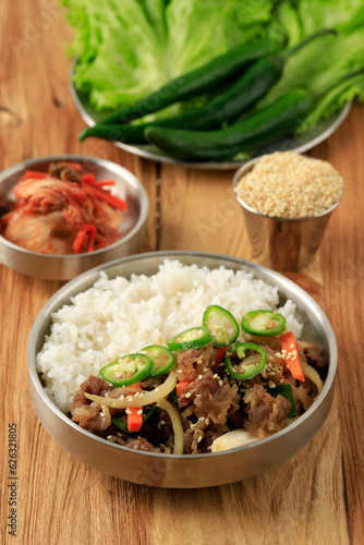 Korean Bulgogi Rice with Fresh Vegetable, Kimchi, and Cheongyang Green Chilli