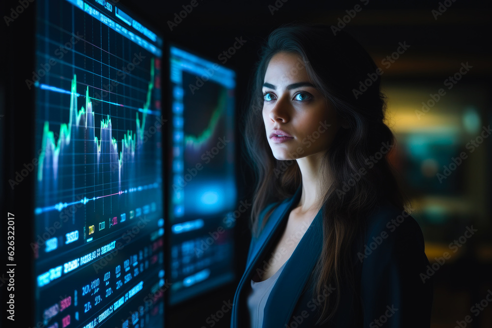 A female financial analyst examining stock ticker displays, analyzing recession indicators and bear market trends in economic decline, or bull market and economic upturn A female financial analyst examining stock ticker displays, analyzing recession indicators and bear market trends in economic decline, or bull market and economic upturn