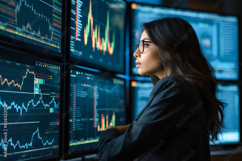 A female financial analyst examining stock ticker displays, analyzing recession indicators and bear market trends in economic decline, or bull market and economic upturn A female financial analyst examining stock ticker displays, analyzing recession indicators and bear market trends in economic decline, or bull market and economic upturn