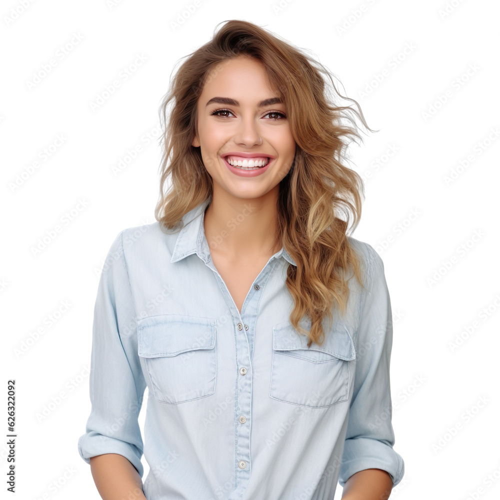 woman dressed in chambray shirt in a light blue color, isolated on a transparent white background woman dressed in chambray shirt in a light blue color, isolated on a transparent white background