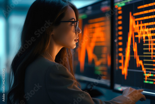 A female financial analyst examining stock ticker displays, analyzing recession indicators and bear market trends in economic decline, or bull market and economic upturn