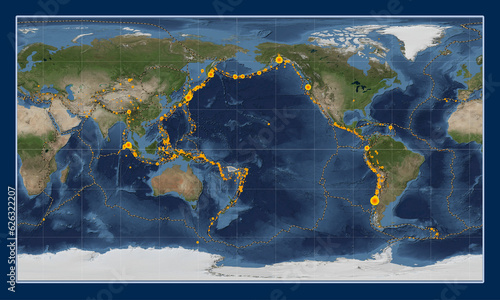 Fototapeta Naklejka Na Ścianę i Meble -  Balmoral Reef tectonic plate. Satellite. Patterson Cylindrical. Earthquakes and boundaries