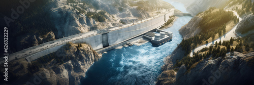 Aerial View of Modern Dam Construction Between Mountains and Green Lake.