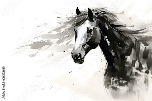 Horse illustration with Chinese brush stroke calligraphy in black and grey drawing inking