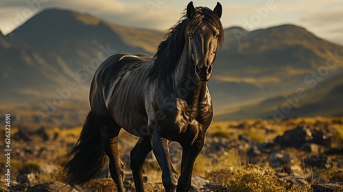 Portrait of black Frisian horse on nature background. Generative AI