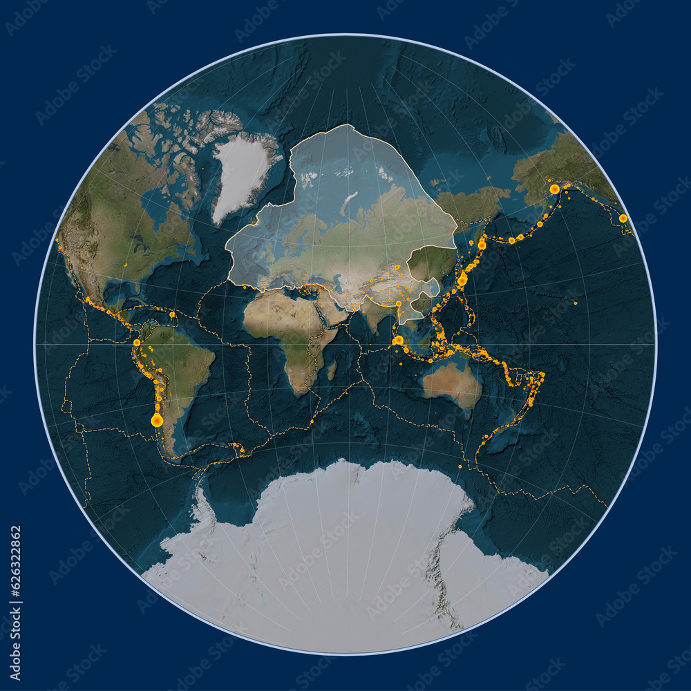 Eurasian tectonic plate. Satellite. Lagrange. Earthquakes and boundaries