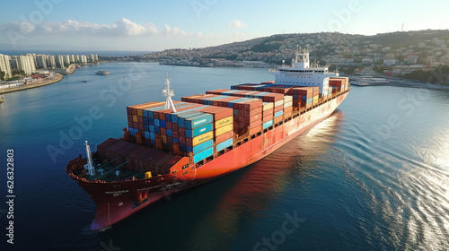 container ship cruise on the sea, aerial view, afternoon, clear water, 