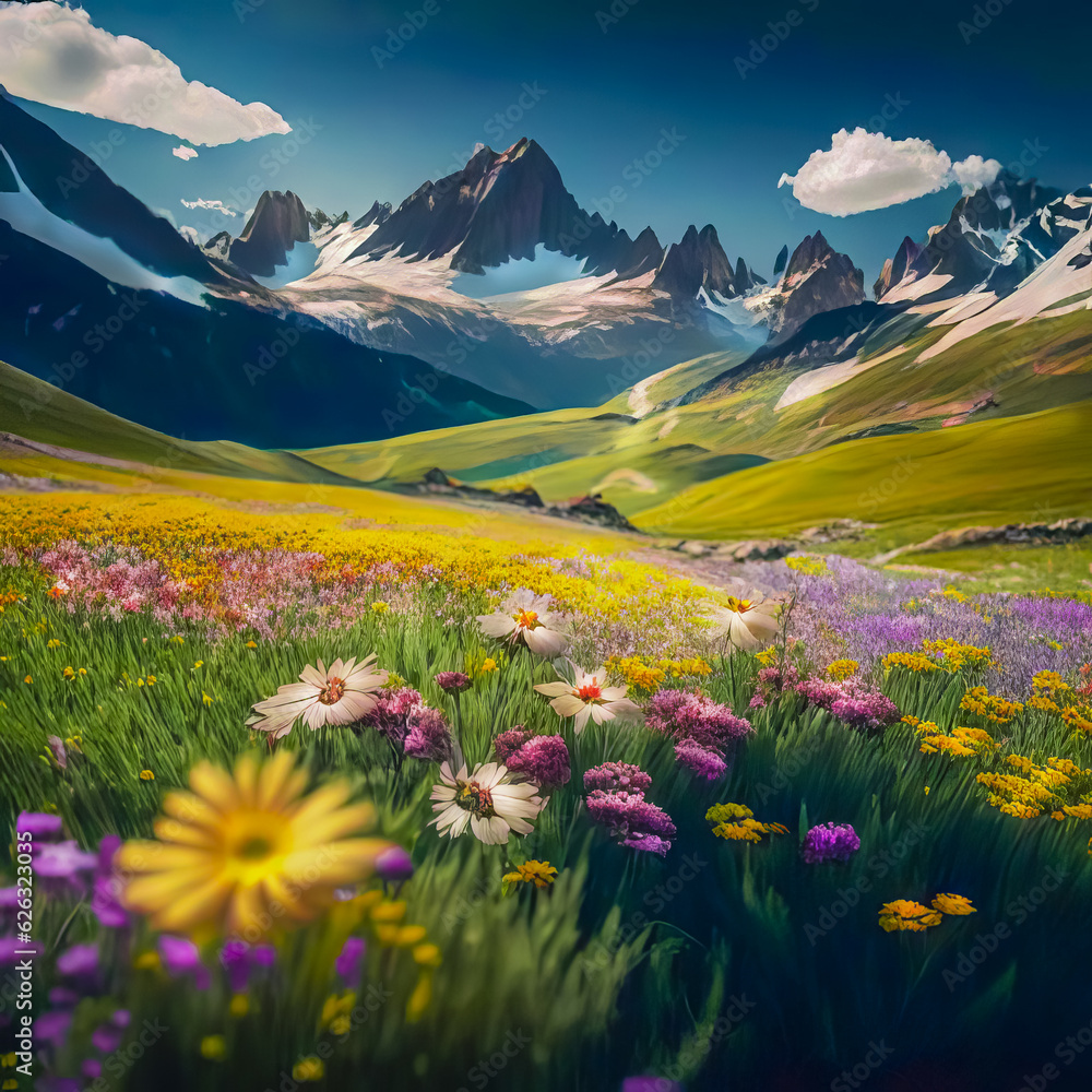 Pastoral landscape, alpine meadow with flowers and mountains