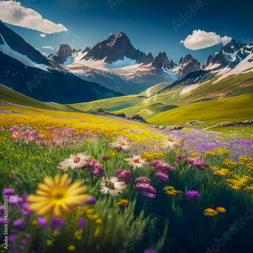 Pastoral landscape, alpine meadow with flowers and mountains