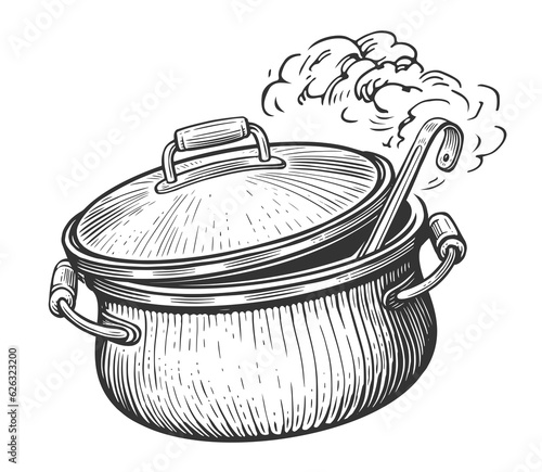 Kitchen pot with lid and ladle. Cooking food. Sketch illustration vintage engraving style