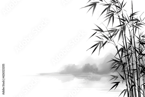 bamboo in Chinese brush stroke calligraphy in black and grey drawing inking © makna