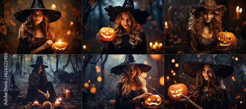 Halloween Witch with a carved pumpkin and magic lights in a dark forest.