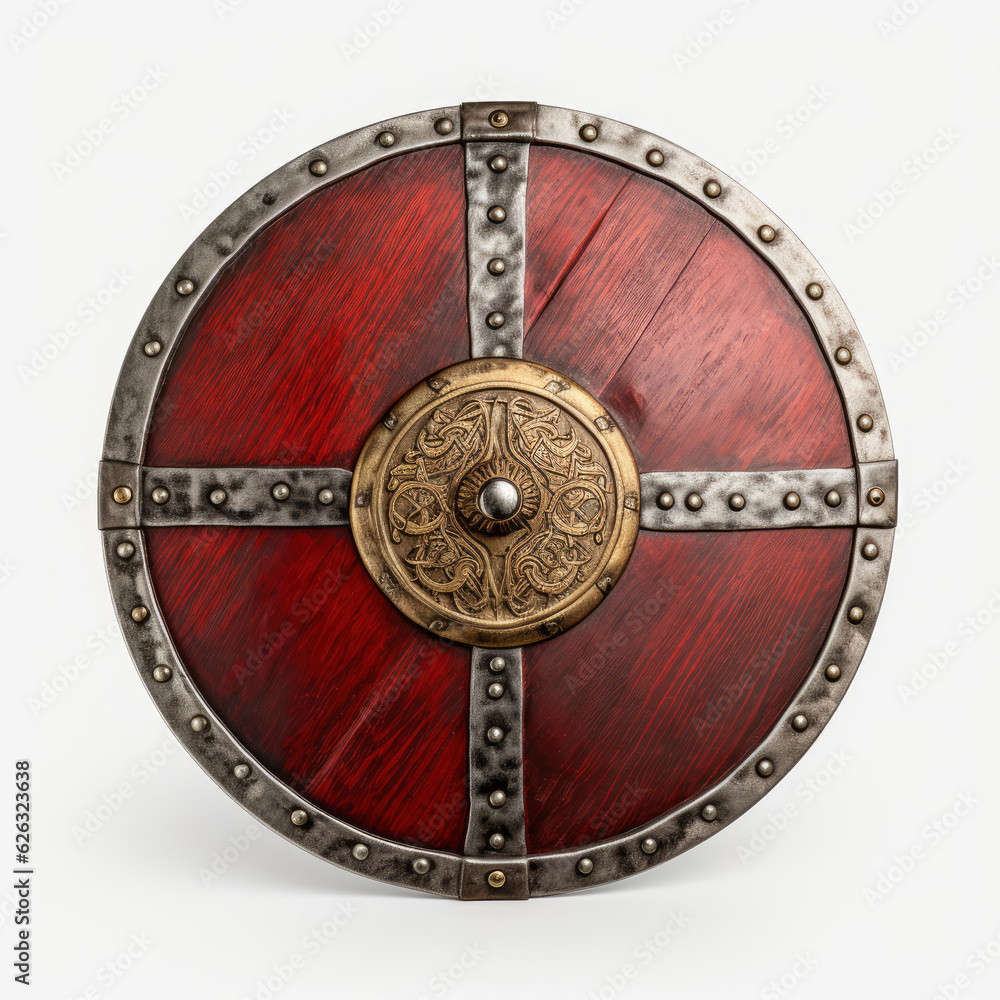 Naklejka premium A beautifully crafted shield with intricate decorative details in wood and metal