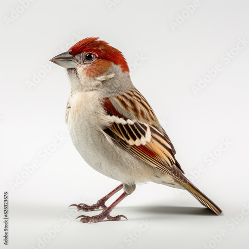 A red-headed bird perched on a white surface