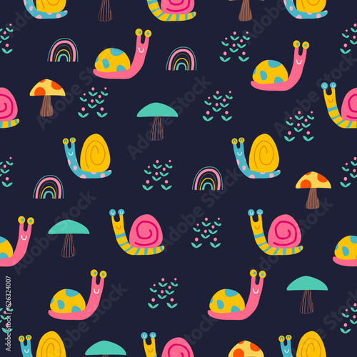 Farm pattern design.Cute snails  and flower ,cute snails on dark background. pattern design for kids clothing ,card, fabric.snails flower abstract seamless pattern