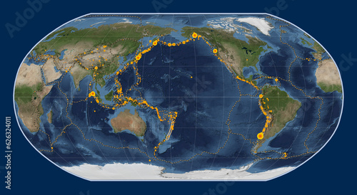 Kermadec tectonic plate. Satellite. Robinson. Earthquakes and boundaries photo