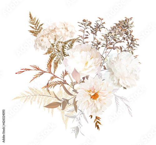 Beige, white flowers, ecru colored peony, dahlia, hydrangea flower, pampas grass, dried forest fern, autumn plants