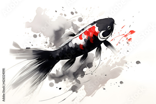 Koi fish illustration in Chinese brush stroke calligraphy in black and grey drawing inking