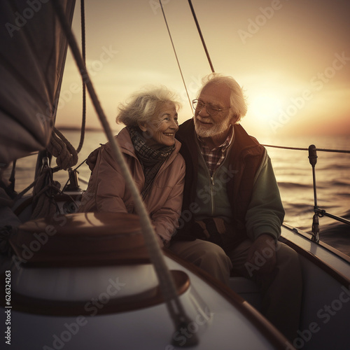 couple de retraité sur un bateau de plaisance au coucher de soleil - IA Generative photo
