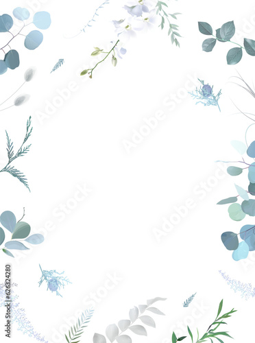 Dusty blue eucalyptus, white orchid, cedar branch, greenery, juniper, salal vector design frame