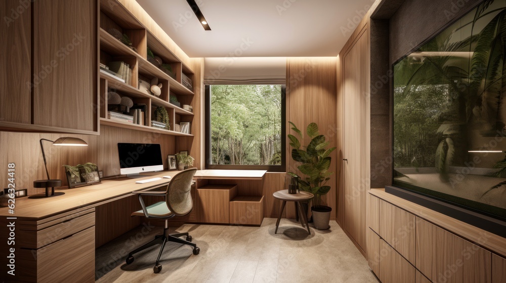 Fototapeta premium Modern study room area home interior design and decoration ideas house beautiful background,home studio with natural day light with garden or park background,ai generate