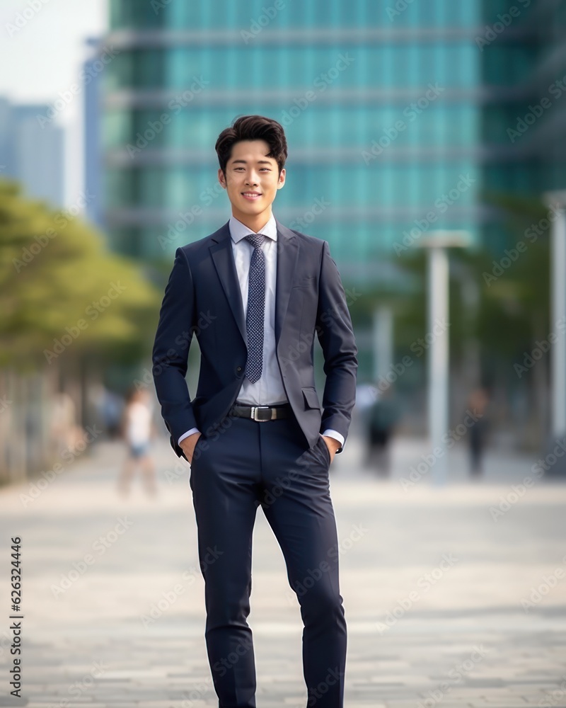 Photo of a successful Asian businessman in an office suit on the street near a business center. Photo of a successful Asian businessman in an office suit on the street near a business center.