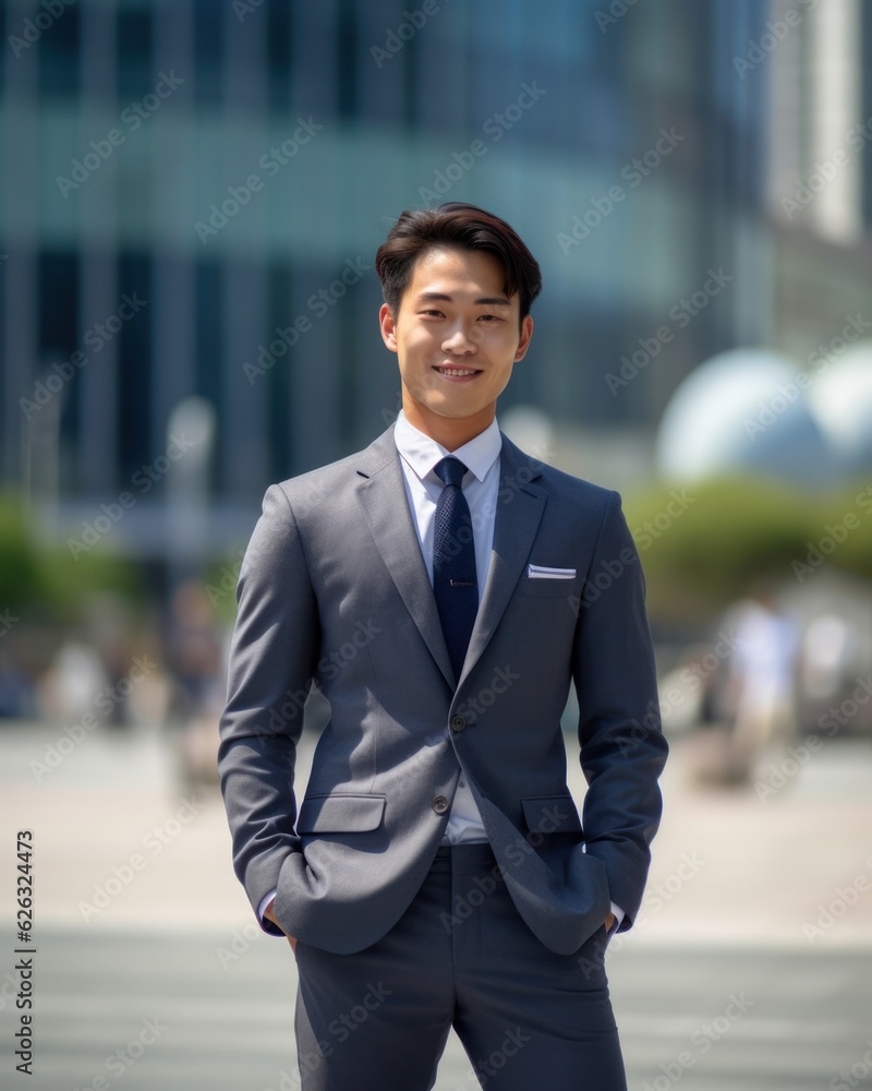 Photo of a successful Asian businessman in an office suit on the street near a business center. Generative AI Photo of a successful Asian businessman in an office suit on the street near a business center. Generative AI