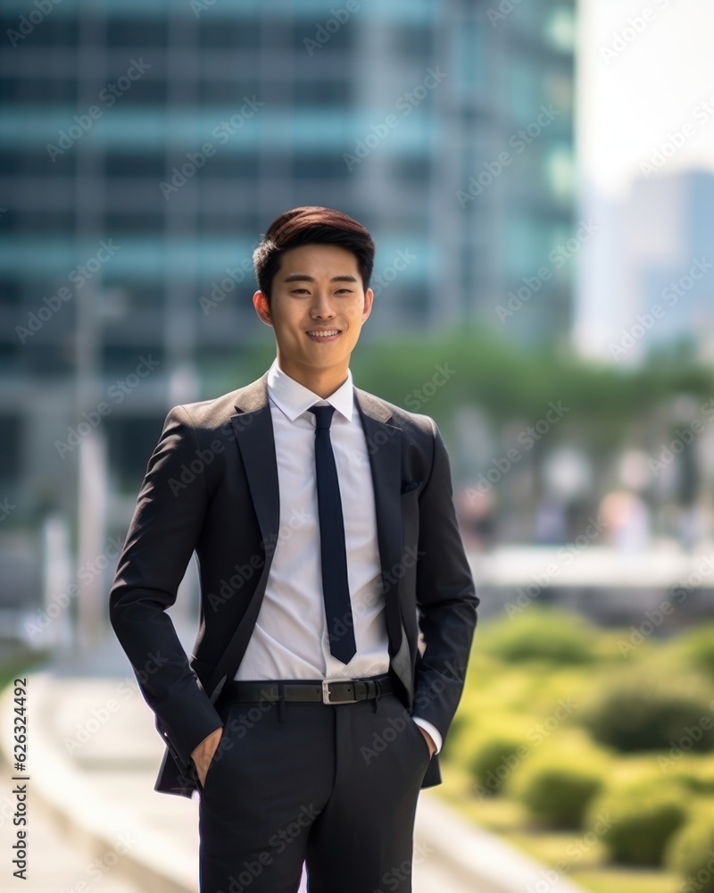 Photo of a successful Asian businessman in an office suit on the street near a business center. 