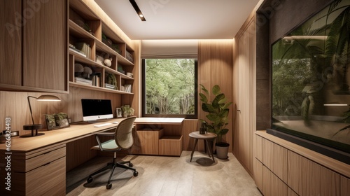 Modern study room area home interior design and decoration ideas house beautiful background,home studio with natural day light with garden or park background,ai generate