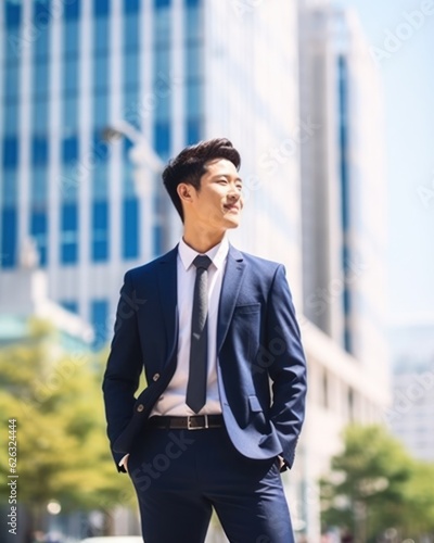 Photo of a successful Asian businessman in an office suit on the street near a business center. Generative AI