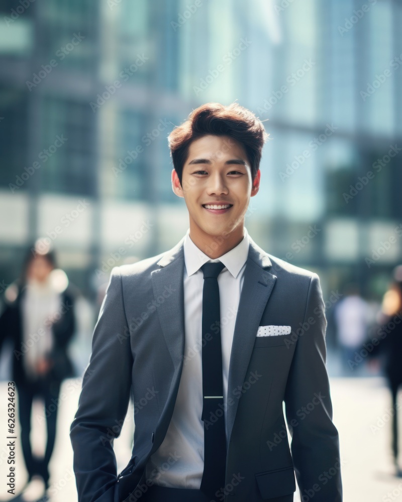 Photo of a successful Asian businessman in an office suit on the street near a business center. Photo of a successful Asian businessman in an office suit on the street near a business center.