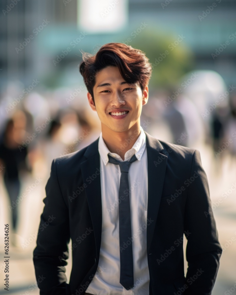 Photo of a successful Asian businessman in an office suit on the street near a business center. Photo of a successful Asian businessman in an office suit on the street near a business center.