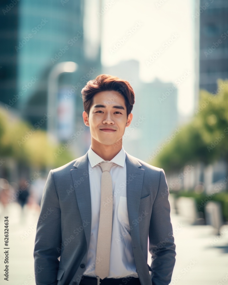 Photo of a successful Asian businessman in an office suit on the street near a business center. Photo of a successful Asian businessman in an office suit on the street near a business center.