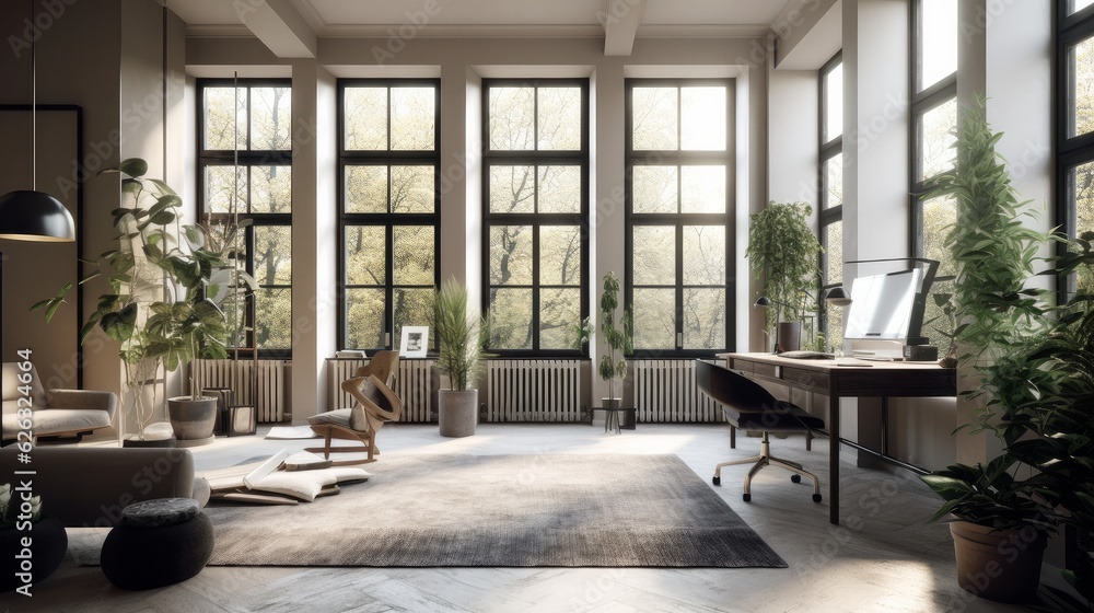 Fototapeta premium Modern study room area home interior design and decoration ideas house beautiful background,home studio with natural day light with garden or park background,ai generate