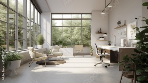 Modern study room area home interior design and decoration ideas house beautiful background,home studio with natural day light with garden or park background,ai generate
