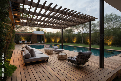 a lavish side outside garden at morning  with a teak hardwood deck and a black pergola. Scene in the evening with couches and lounge chairs by the pool  generative AI  
