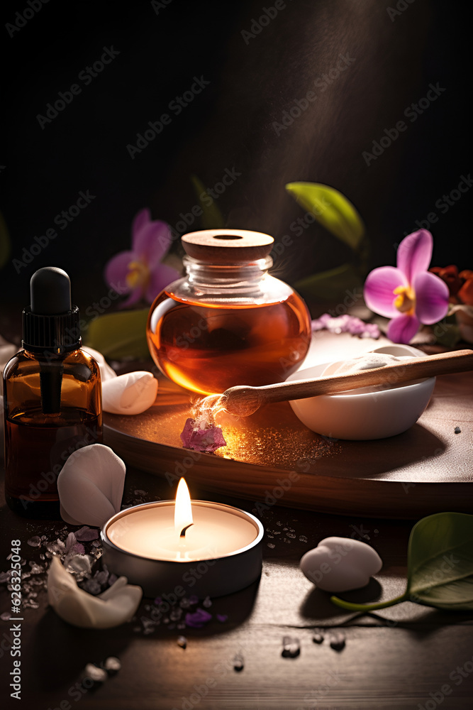 Beautiful spa composition on dark background. Natural skincare cosmetic products