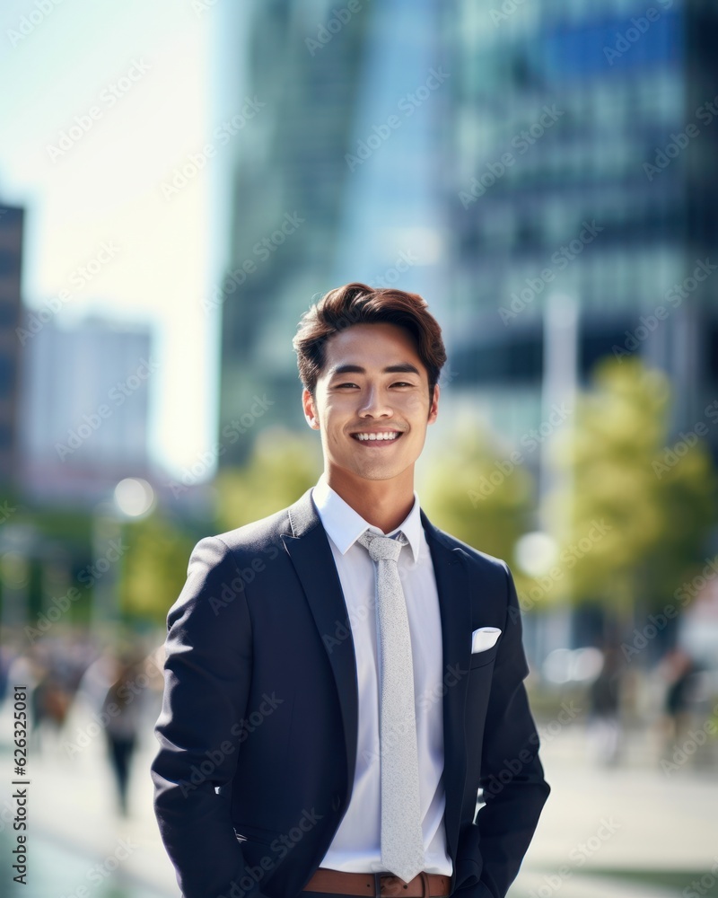 Photo of a successful Asian businessman in an office suit on the street near a business center. 