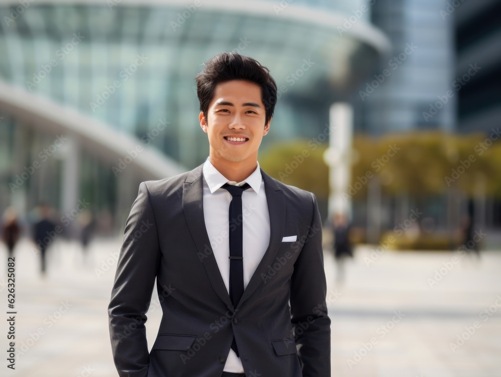 Photo of a successful Asian businessman in an office suit on the street near a business center. Photo of a successful Asian businessman in an office suit on the street near a business center.