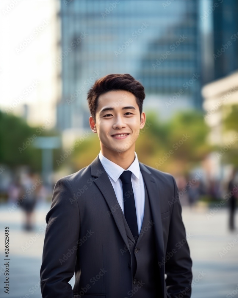 Photo of a successful Asian businessman in an office suit on the street near a business center. Photo of a successful Asian businessman in an office suit on the street near a business center.
