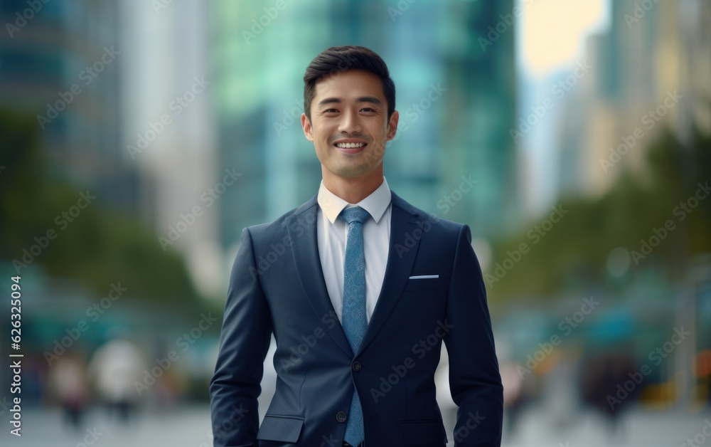 Photo of a successful Asian businessman in an office suit on the street near a business center. Photo of a successful Asian businessman in an office suit on the street near a business center.