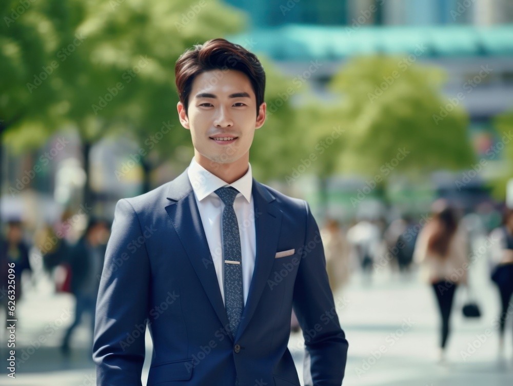 Photo of a successful Asian businessman in an office suit on the street near a business center. Photo of a successful Asian businessman in an office suit on the street near a business center.