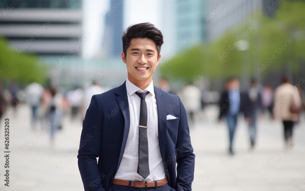 Photo of a successful Asian businessman in an office suit on the street near a business center. Photo of a successful Asian businessman in an office suit on the street near a business center.