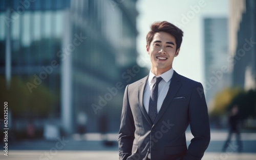 Photo of a successful Asian businessman in an office suit on the street near a business center.