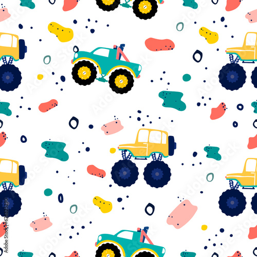 Monster truck  cartoon pattern design .monster truck pattern for kids clothing, printing, fabric ,cover.Monster car seamless pattern.Monster truck on white background.