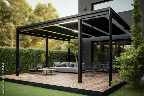 Modern black bio climatic pergola with top view on an outdoor patio. Teak wood flooring  a pool  and lounge chairs. green grass and trees in a garden  generative AI  