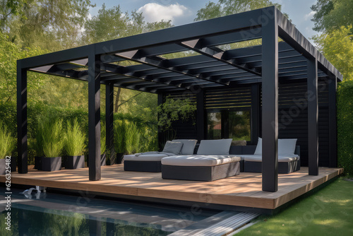 Modern black bio climatic pergola with top view on an outdoor patio. Teak wood flooring, a pool, and lounge chairs. green grass and trees in a garden, generative AI 
