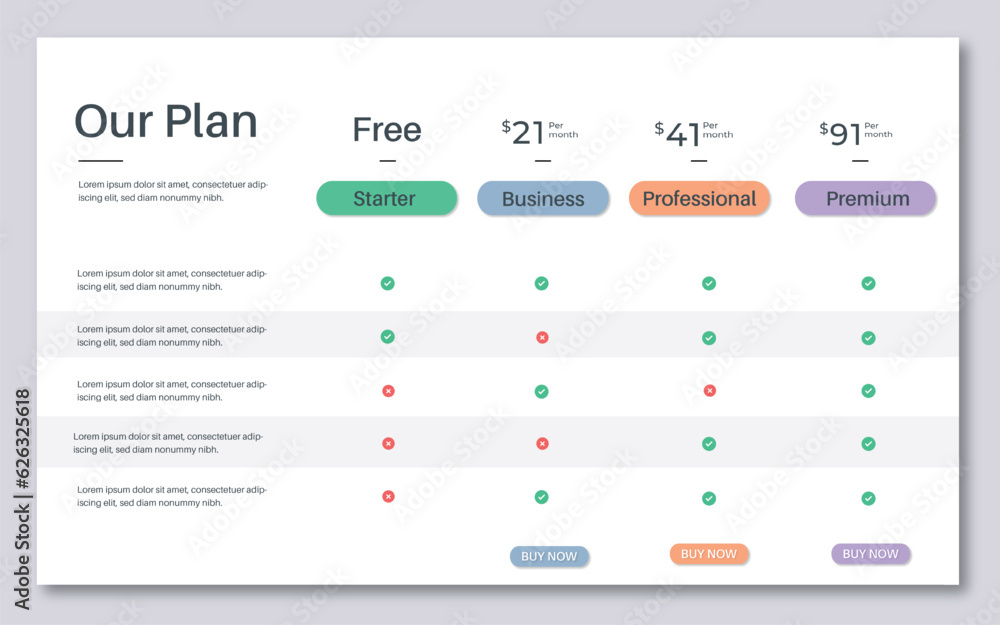 Modern pricing table design with colorful subscription plans,
 Hosting table banner, Colorful Pricing Table Design
