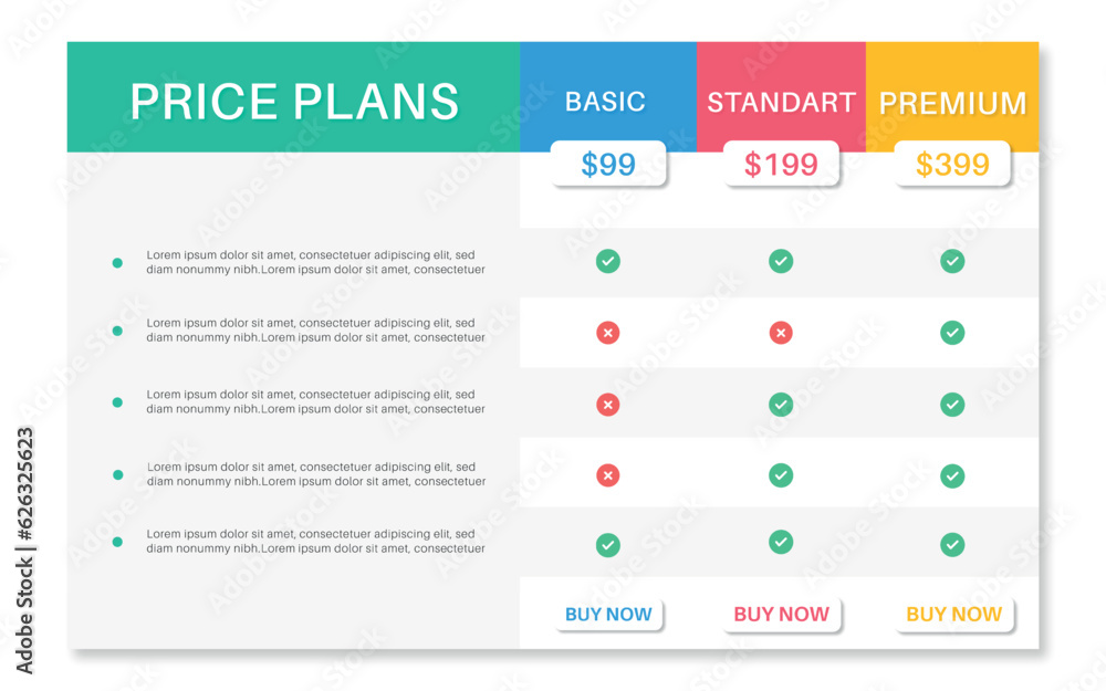Pricing table chart design with four subscription plans template for Pricing table chart design with four subscription plans template for