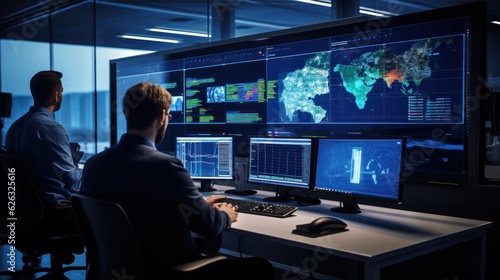 Network operations center ( NOC) with technicians monitoring network traffic, troubleshooting issues, and ensuring network performance